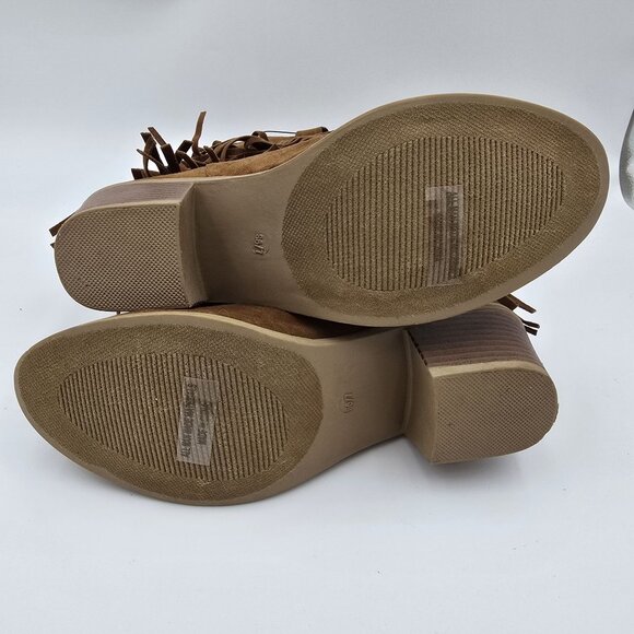 Tan Fringe Cowboy Boots Suede-Like Fabric Block Heel Western Style Size 6 - Picture 4 of 4